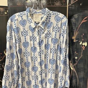 Johnny Was Ivory and Blue Heart Blouse